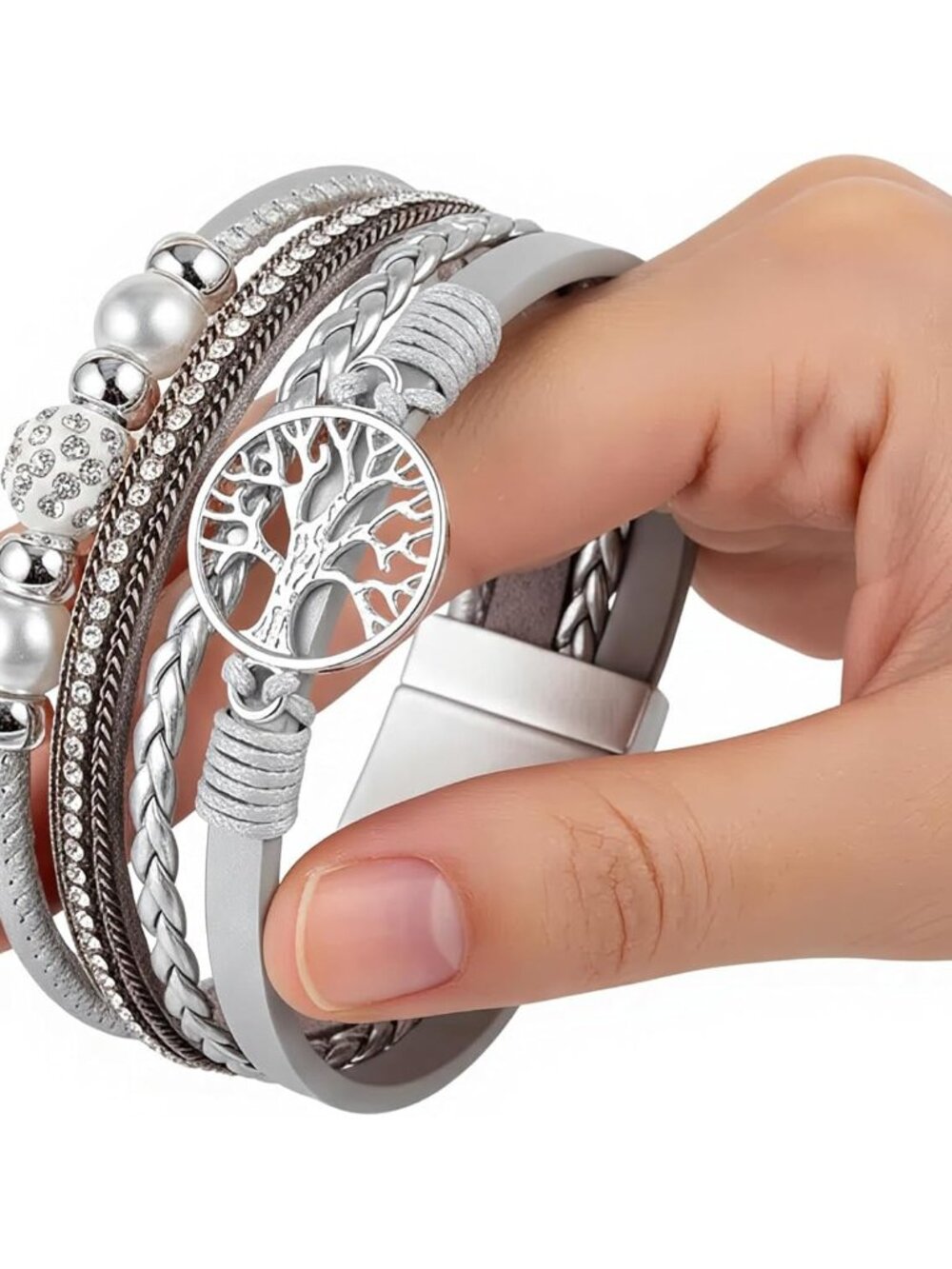 Leather Wrap Bracelet for Women, Boho Handmade Multi-Layer Cuff with Crystal Bea - Picture 6 of 7